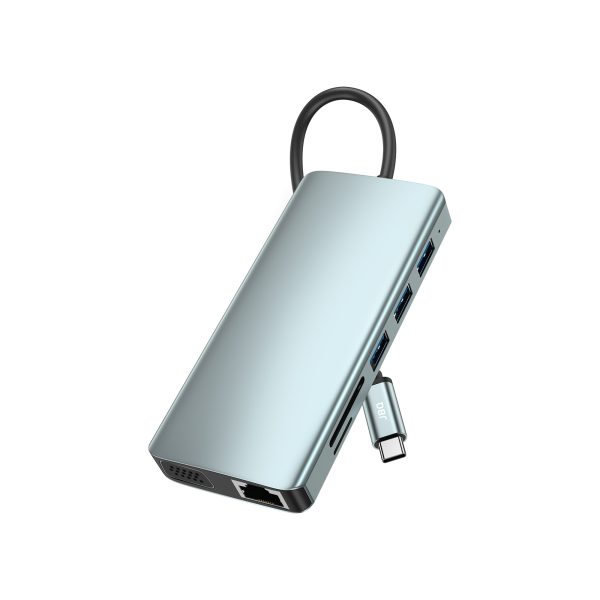 جی بی کیو 12 در 1 هاب داکینگ استیشن USB Type-C شامل 5 پورت USB3.0 + HDMI + VGA + RJ45 + صدای 3.5 میلی‌متری + خواننده کارت حافظه SD + خواننده کارت TF + شارژر PD 100 وات مدل HDT-121
